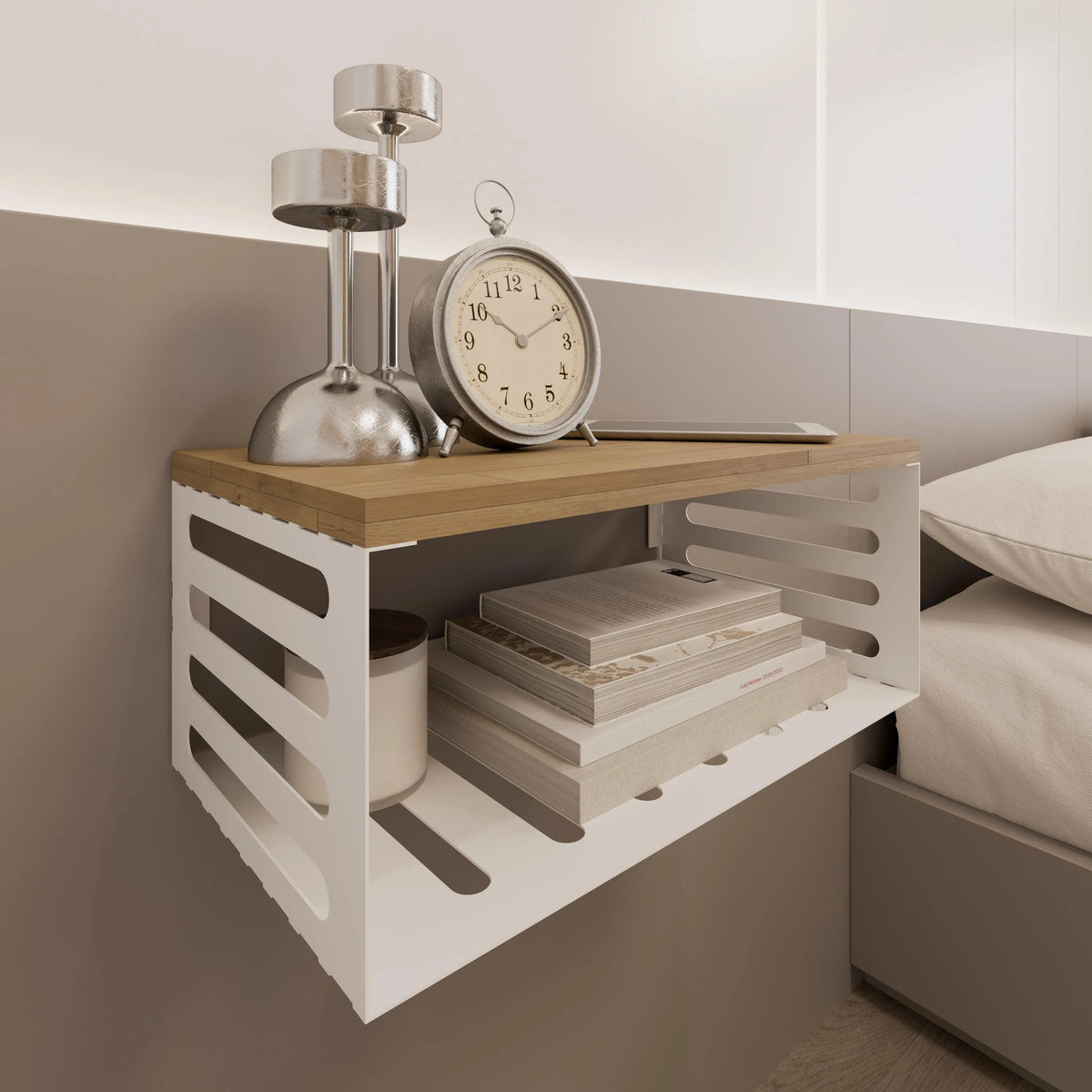 Solid Brass & Wood Floating Nightstand: Wall-Mounted Bedside Table