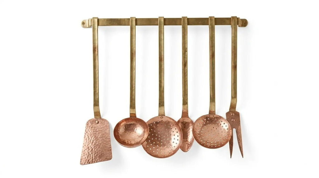 kitchenware: Handmade Copper & Brass 5-Piece Utensil Set on Wall Rack | Ladle, Skimmer, Spatula for Luxury Home Decor