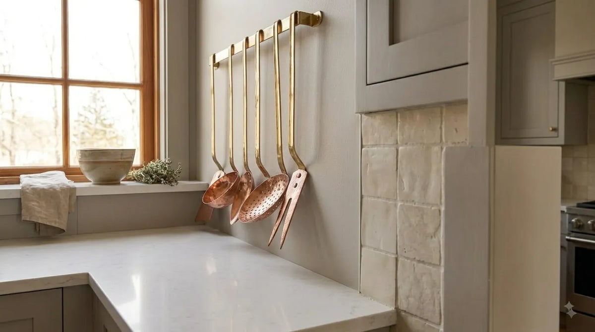 kitchenware: Handmade Copper & Brass 5-Piece Utensil Set on Wall Rack | Ladle, Skimmer, Spatula for Luxury Home Decor