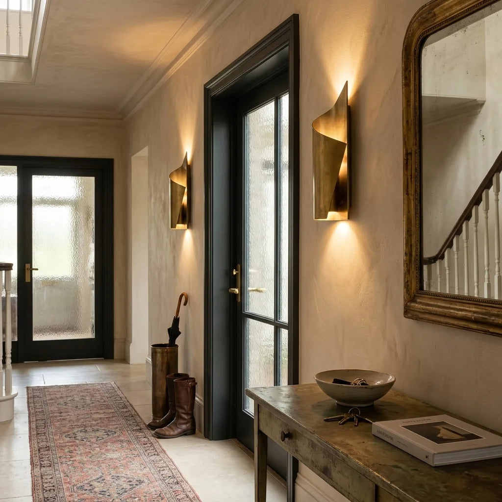 A modern sculptural brass wall sconce mounted on a textured beige plaster wall in a luxury entryway, casting a warm glow next to a dark-framed glass door and a rustic wooden console table.