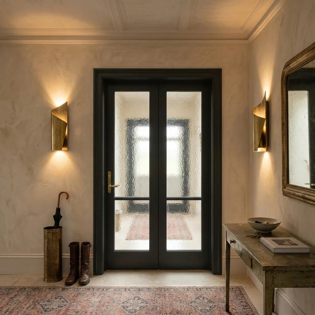 Black double glass doors with textured frosted panes in a classic entryway, flanked by gold wall sconces, a console table, and a mirror.