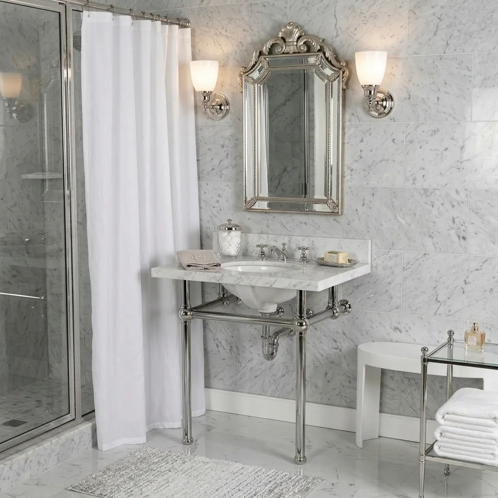 bathroom with nickel fixtures and a vanity with a polished nickel console 