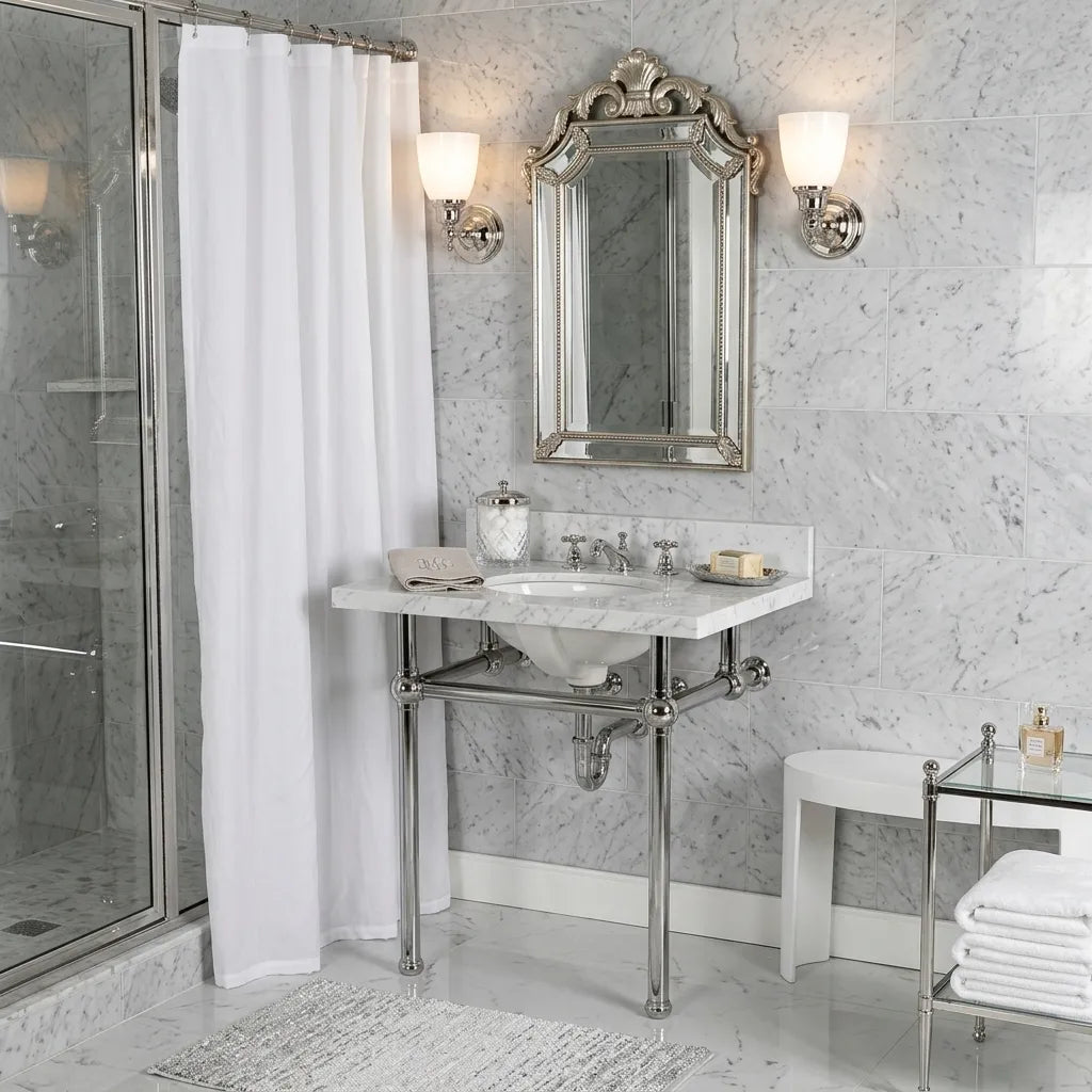 bathroom with nickel fixtures and a vanity with a polished nickel console 