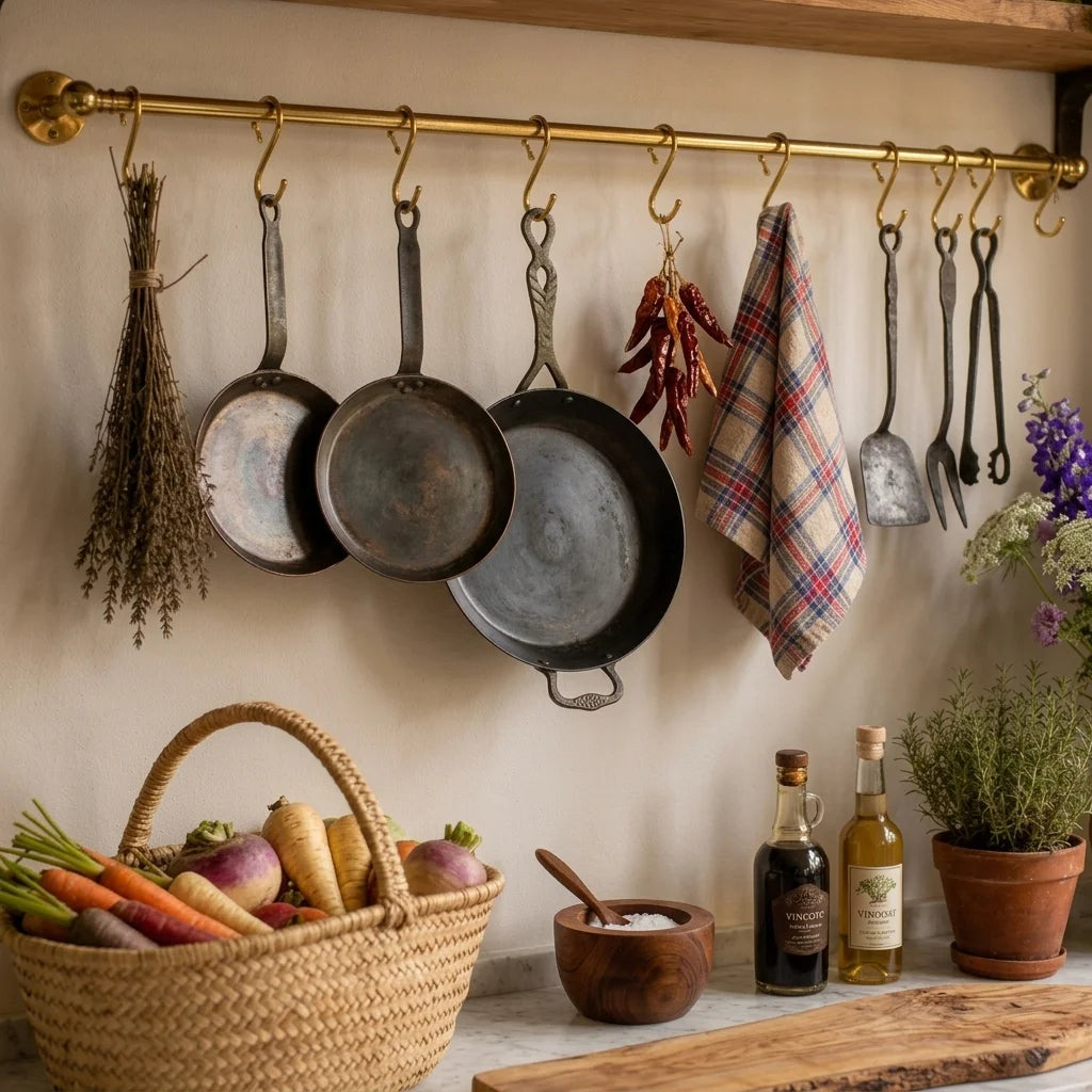 Wall-Mounted Brass Rod with S-Hooks – Rustic Heavy Duty Hanging Bar, Brass Pot Rack