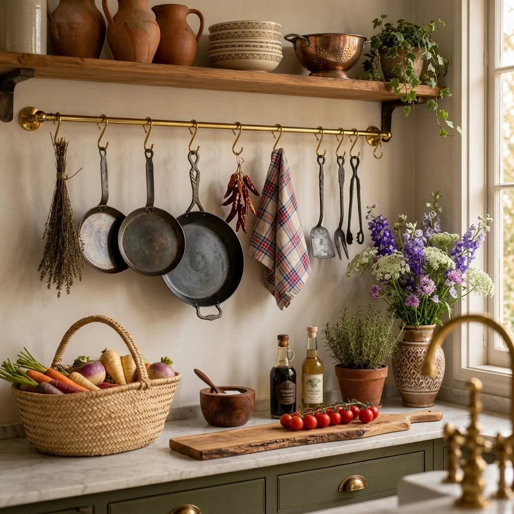 Wall-Mounted Brass Rod with S-Hooks – Rustic Heavy Duty Hanging Bar, Brass Pot Rack