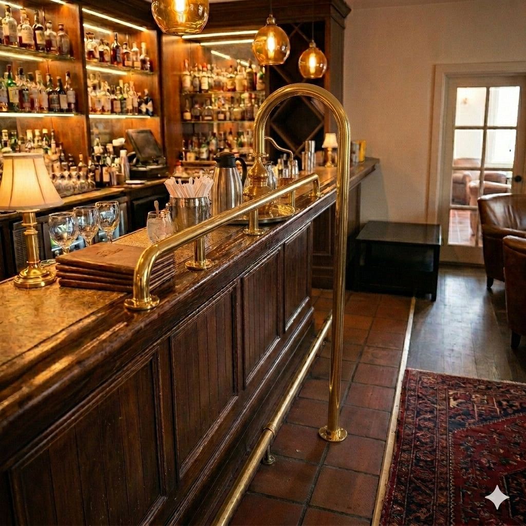 Service bar rail in a bar with a polished metal finish, mounted along the counter to provide a practical resting place for drinks while enhancing the bar’s functionality and style.