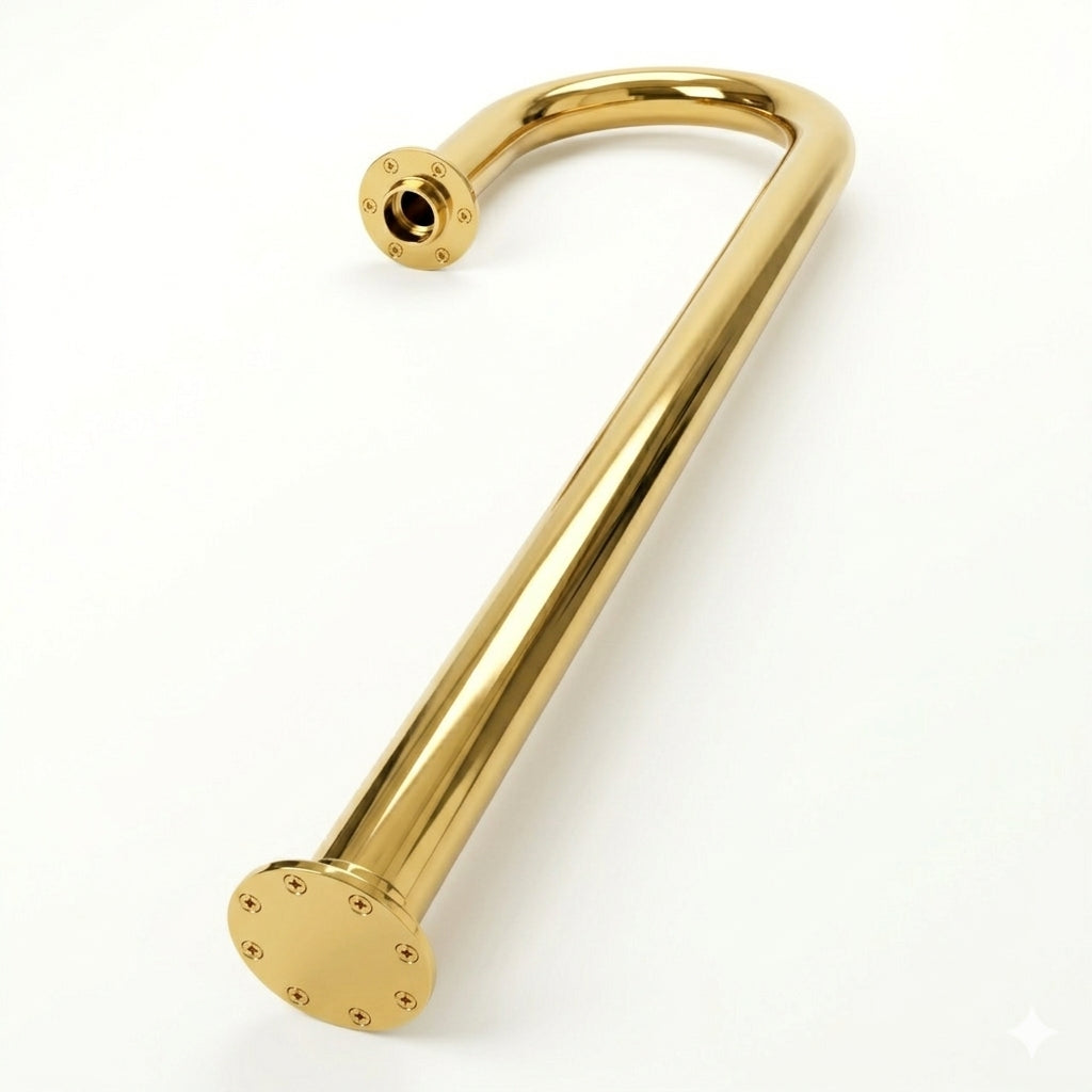 Service bar rail with a polished brass gold finish, designed to be mounted along a bar counter to support drinks and improve efficiency during service.