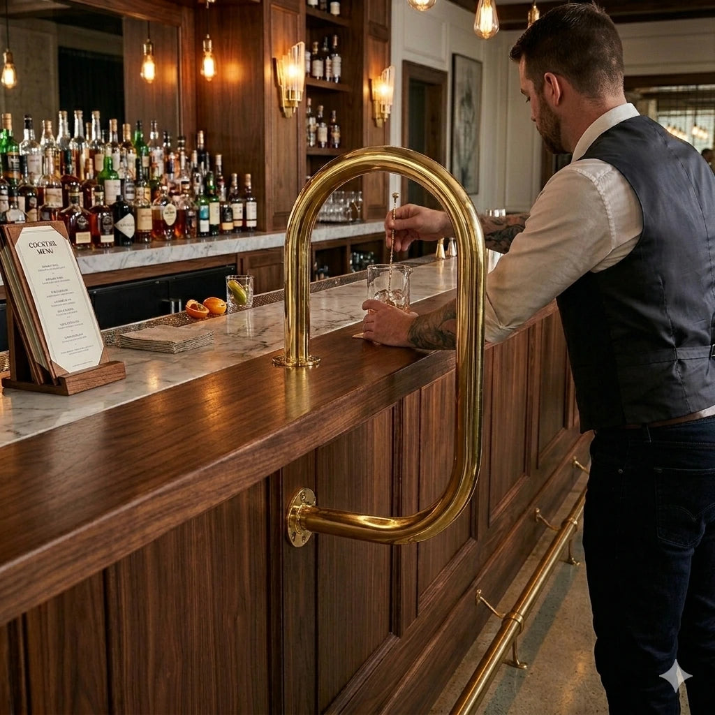 Counter-mounted service bar rail in a bar, with a waiter behind featuring a polished metal finish, designed to support drinks and enhance both functionality and style for bartenders and patrons.