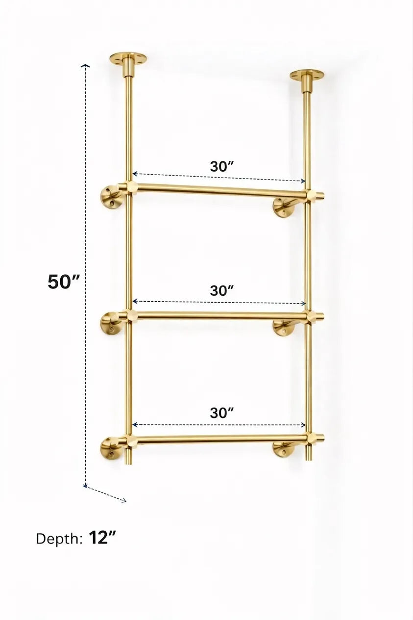 Solid Brass Glass Shelving Unit, French Bistro Bar Storage, Ceiling Mounted Brass Supports