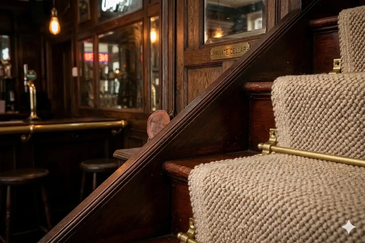 Stair rods and rug holder with a polished finish, designed to securely hold stair runners in place while adding a decorative and elegant touch to the staircase.